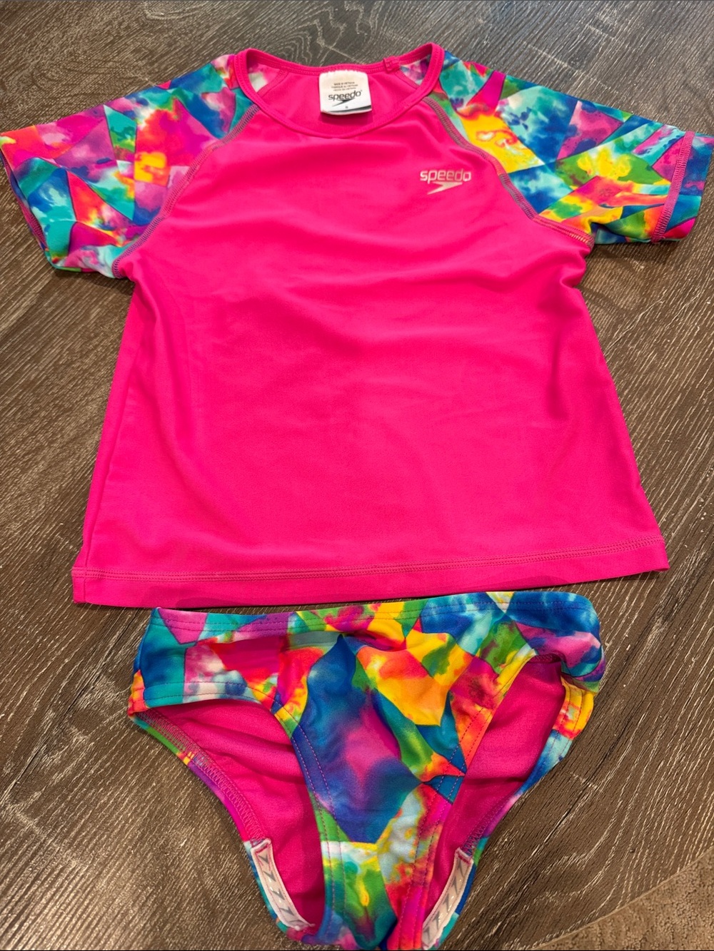 Speedo Girls Hot Pink Rash Guard Swim Set with Multicolor Tie-Dye Sleeves